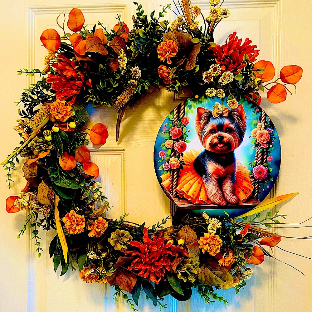 Fall floral Wreath with cute Yorkie sign attached.